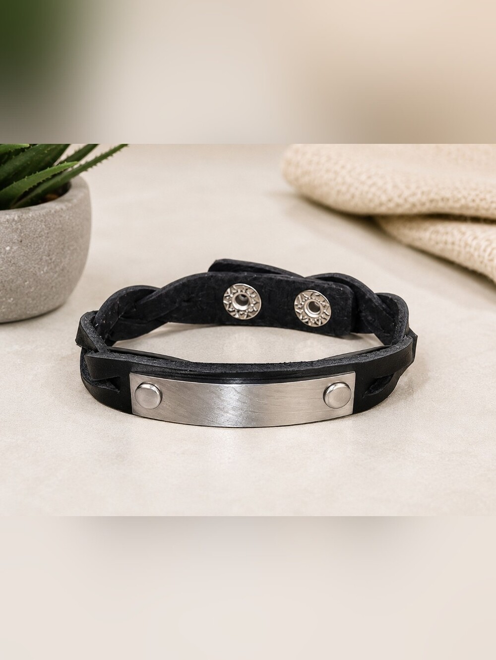 Black Braided Faux Leather ID Plate Bracelet